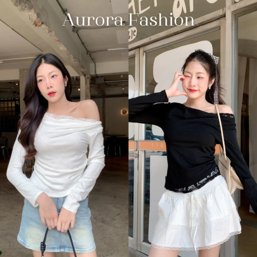 Aurora🛒พร้อมส่ง🚚 (รูปถ่ายจากงานจริง) เสื้อเปิดไหล่ ผ้าไหมพรม ดีเทลแต่งลูกไม้สีพื้น