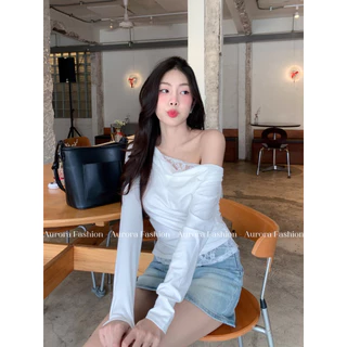 Aurora🛒พร้อมส่ง🚚 (รูปถ่ายจากงานจริง) เสื้อเปิดไหล่ ผ้าไหมพรม ดีเทลแต่งลูกไม้สีพื้น