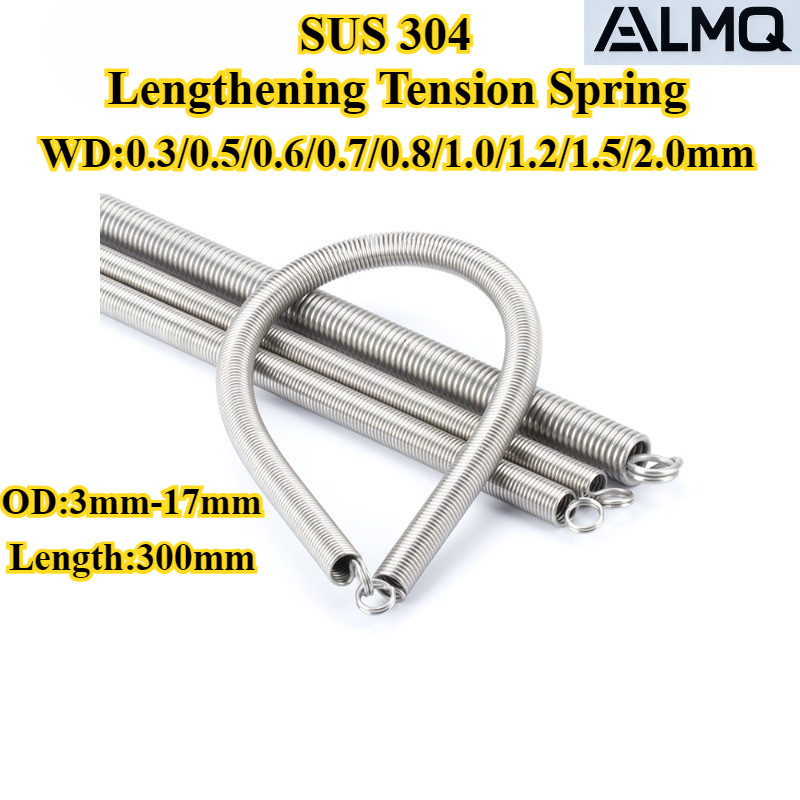 [LMQ-YSCLH] 304 สแตนเลส, สปริงแรงดึงยาว, สปริงแรงดึงพร้อมตะขอ (WD0.3mm-2.0mm * OD3mm-17mm * L:300mm) สปริงแรงดึง
