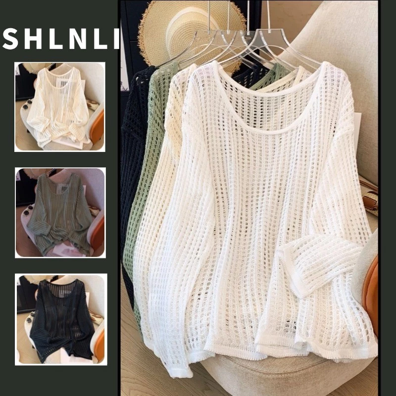 คอกลมเวอร์ชั่นเกาหลีแขนยาวหลวมเสื้อสม็อคของผู้หญิงกลวงถักฤดูร้อนด้านบน