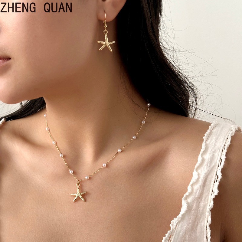 แฟชั่น Retro Gold-Tone ปลาดาว Pearl ชุดเครื่องประดับ 18k Gold Plated สร้อยคอต่างหูผู้หญิงชายหาดงานแต่งงานวันหยุดของขวัญ Elegant Matching อุปกรณ์เสริมปรับ