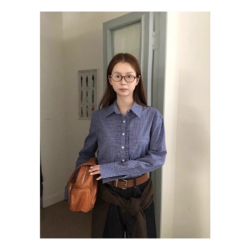 Fy💜เสื้อเชิ้ตลายสก๊อต สีน้ำเงิน แขนยาว คอโปโล วิทยาลัย สดชื่น เวอร์ชั่นเกาหลี จัดส่งภายใน 24 ชั่วโมง