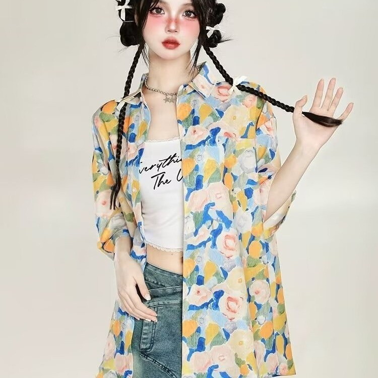 ผู้ชายผู้หญิงสไตล์เดียวกันดอกไม้อินเทรนด์น่ารักเยาวชนยอดนิยมแขนสั้น