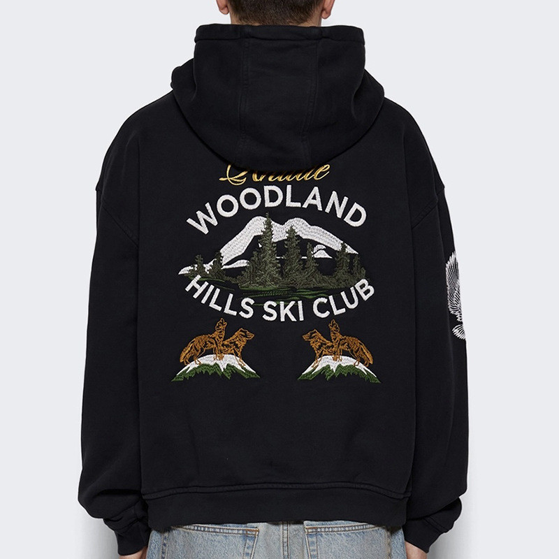 3FVR RHUDE Snow Mountain Ski Club Slogan logo Embroidered Loose Hooded Hoodie Men's and Women's High