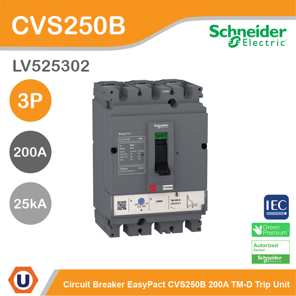 Schneider Electric Circuit Breaker CVS250B, 25 kA at 415 VAC, 200A TM-D trip unit, 3P3d | LV525302 | Ucanbuys