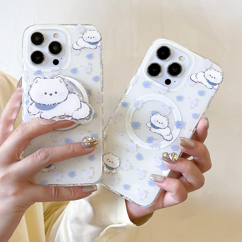 เคสโทรศัพท์มือถือแบบแข็ง แม่เหล็ก ลายดอกไม้ แมวสีม่วง สําหรับ iPhone 12 12Pro 12ProMax 13 13Pro 13ProMax 14 14Pro 14ProMax 15 15Pro 15ProMax
