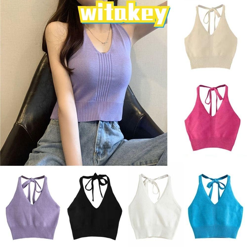 Witakey เสื้อครอปท็อป ผ้าถัก ยืดหยุ่นสูง แบบนิ่ม ระบายอากาศได้ดี แฟชั่นสําหรับผู้หญิง