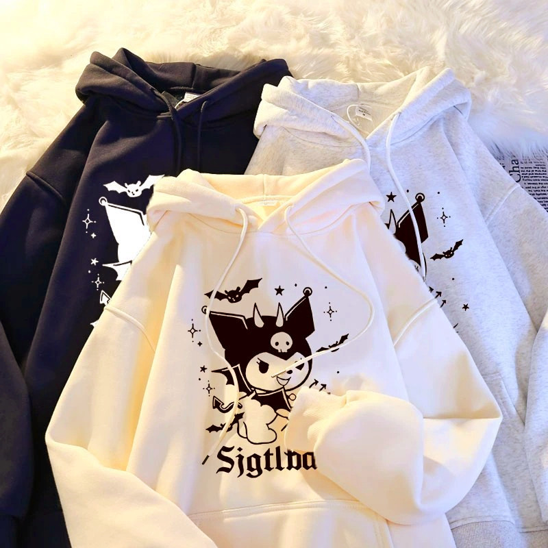 【Polyester】เสื้อกันหนาวแขนยาว มีฮู้ด ทรงหลวม ลายการ์ตูนคุโรมิ สไตล์เกาหลี เรโทร