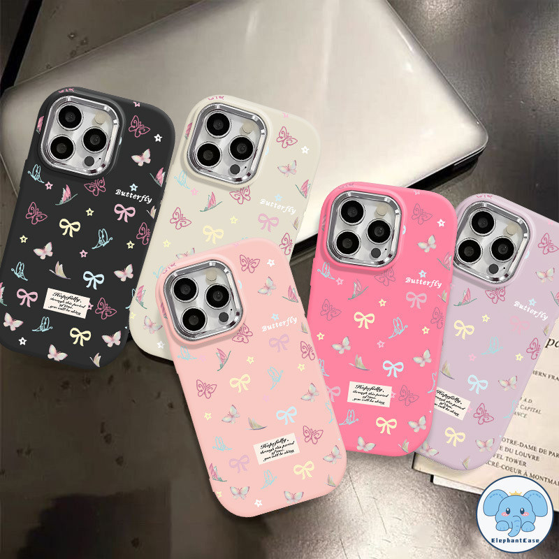 การ์ตูนที่มีสีสันน่ารักโบว์ดาวโบว์คู่รักหรูหราชุบโลหะเลนส์กล่อง iPhone 11 15 13 XR X 14 12 Pro Max 7 8 Plus XS Max SE