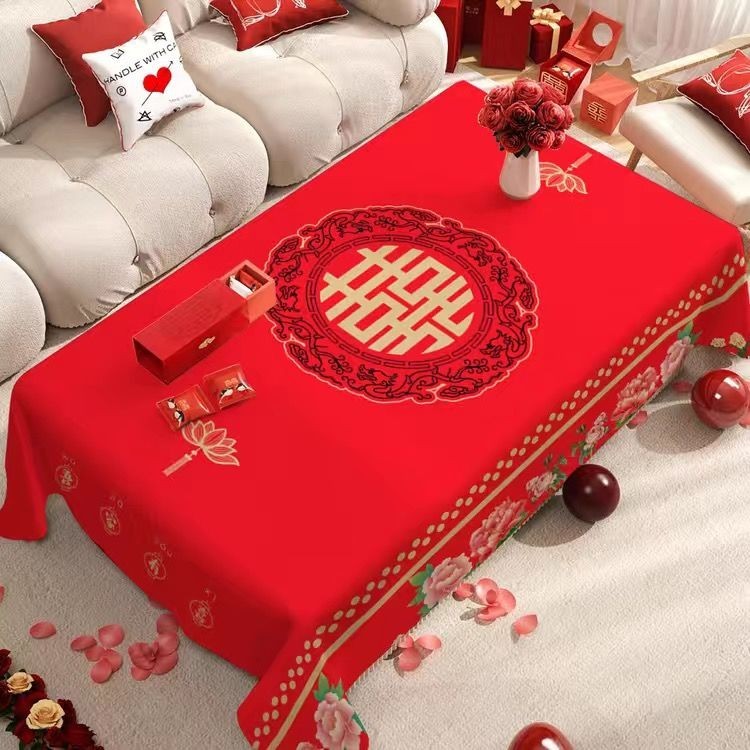 ผ้าปูโต๊ะแต่งงาน ผ้าปูโต๊ะหมั้น สีแดง สไตล์จีน สําหรับงานเทศกาล งานแต่งงาน