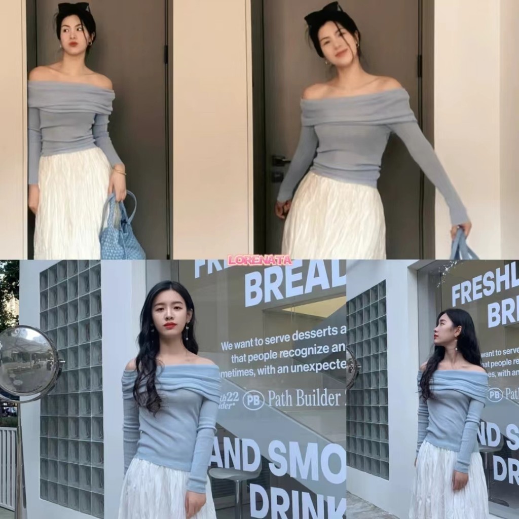 LORENATA (จัดส่งจากกรุงเทพ) เสื้อสเวตเตอร์จับจีบแฟชั่นฝรั่งเศสสำหรับผู้หญิงในฤดูใบไม้ร่วงเสื้อไหล่เดียวอารมณ์อ่อนโยนZ069