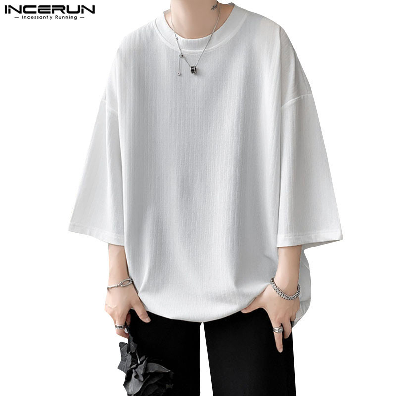 Incerun เสื้อยืดลําลอง คอกลม แขนสั้น ลายทาง ทรงหลวม สไตล์เกาหลี สําหรับผู้ชาย