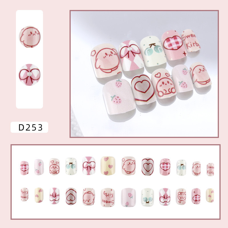 เล็บปลอม ลายการ์ตูนสตรอเบอร์รี่ หัวใจ โบว์ สีชมพู 24 ชิ้น 12 ขนาด แถมฟรีกาวเจลลี่