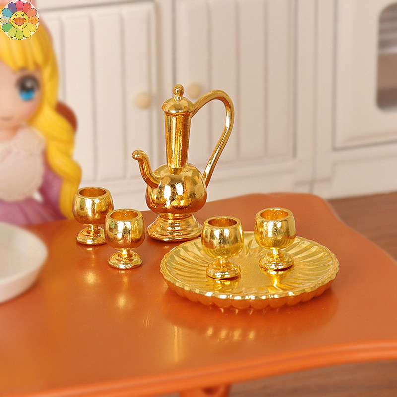 Gogo 1Set Doll House Mini Tea Tray Set Model Doll House Home Scene Set Mini Wine Pot Set TH