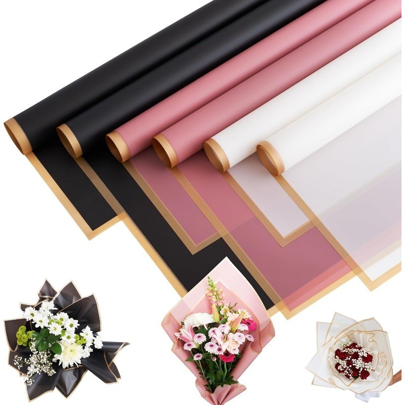 กระดาษห่อช่อดอกไม้ กันน้ํา ขอบทอง ของขวัญวันแม่ วันพ่อ สําหรับงานฝีมือ DIY 20 แผ่น