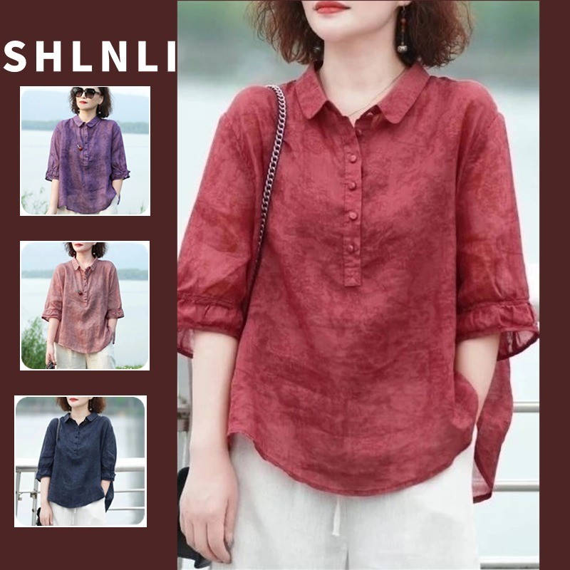 ฤดูร้อนผู้หญิง Jacquard Polo Collar เสื้อเชิ้ตผ้าลินิน Retro Mid Sleeved Slim Thin Top ขนาดใหญ่ M-4XL