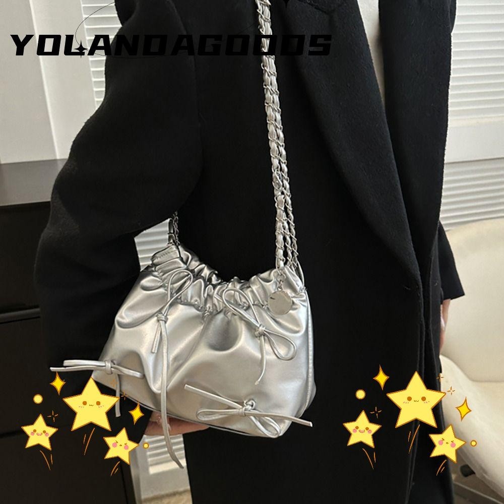 Yola Plain Pleated Bag, Casual Plain One-sided Pleated Design Women 's Shoulder Bag, Fashion All-match PU Leather Small Bucket Bag Women
