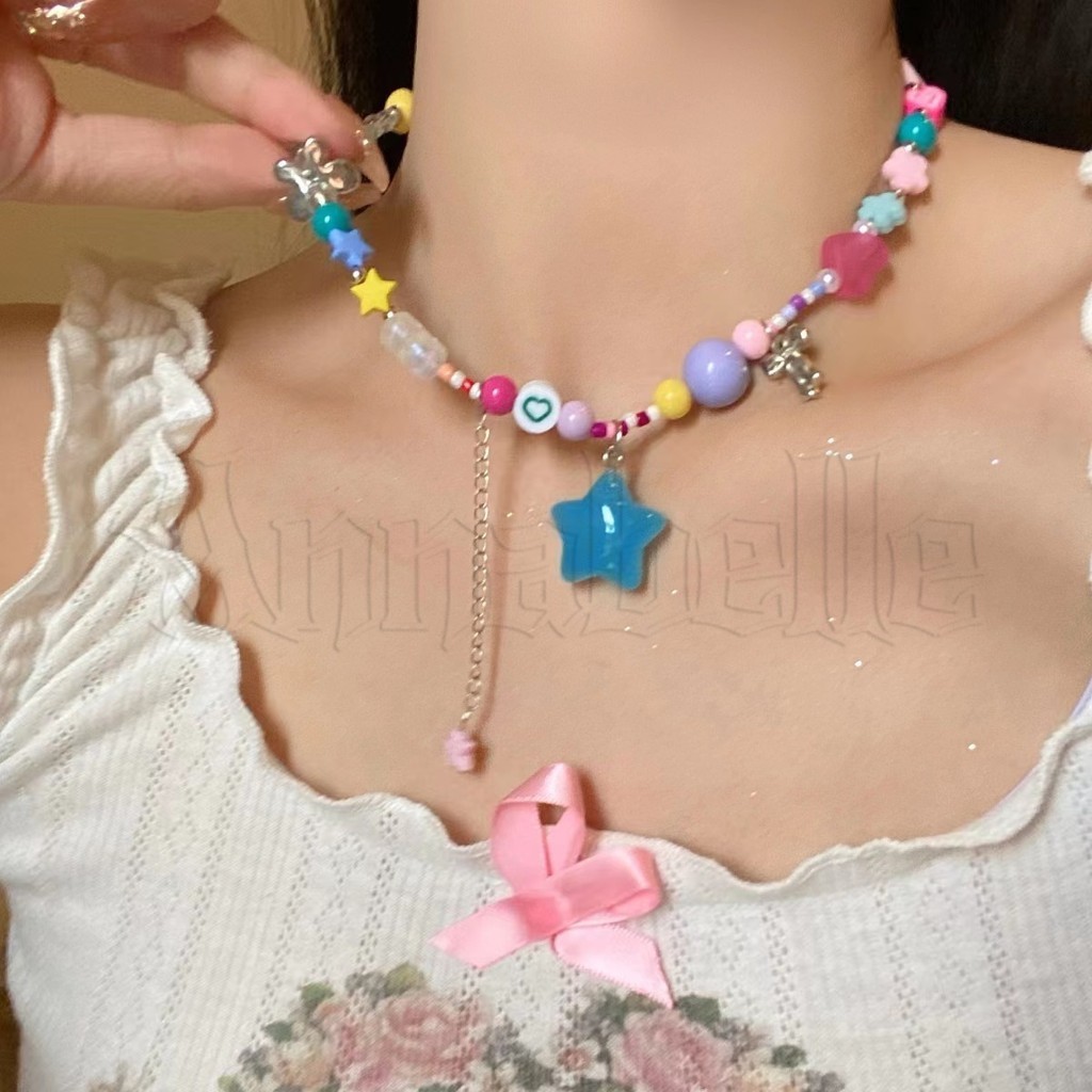 สร้อยคอจี้ลูกปัดหัวใจดาวสีสันสดใส-โซ่กระดูกไหปลาร้าหวานสไตล์เกาหลี-สร้อยคอโดปามีน ย2เค -ของขวัญเครื่องประดับสําหรับผู้หญิงสาว-สําหรับงานปาร์ตี้ออกเดทชุดชีวิตป