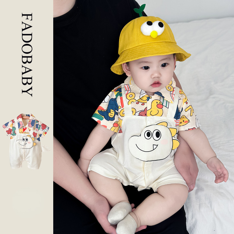 เด็กฤดูร้อนบาง ชุด 0-24 เดือนทารกแรกเกิดเสื้อผ้าแขนสั้น ประกบกัน การ์ตูนไดโนเสาร์ ชุดรอมเปอร์ ผายลมปีนเขาเสื้อผ้า