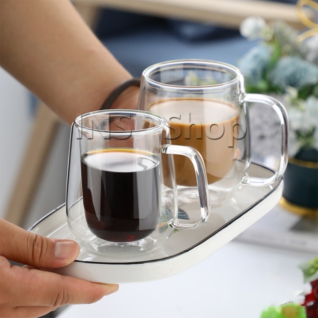 Ins แก้วกาแฟใส 2 ชั้น 150-450ml กันความร้อน ใส่น้ำร้อนเย็นได้ ถ้วยนม กาแฟ Double-layer glass
