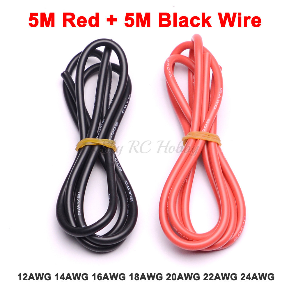 SK 5 meter Red + 5meter Black Silicon Wire 12AWG 14AWG 16AWG 18AWG 20AWG 22AWG 24AWG 12 14 16 18 AWG