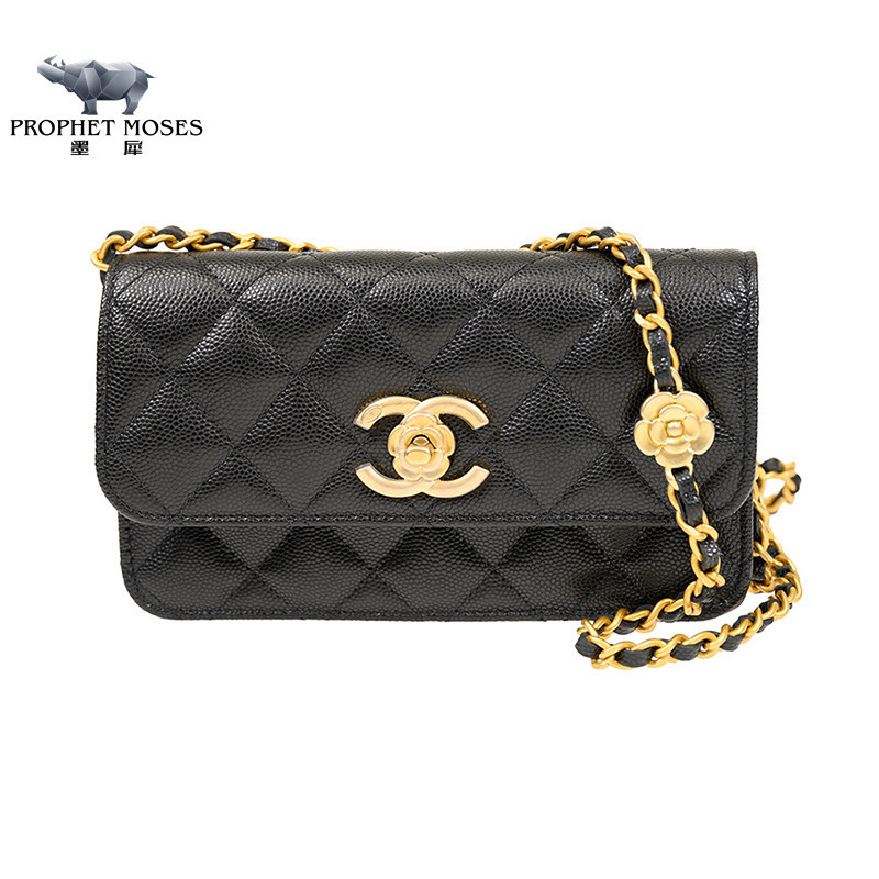 Moxi Chanel/Chanel New Women's Bag Single Shoulder Crossbody Iconic Camellia Gold Button Diamond Grid Chain Mini AP3579