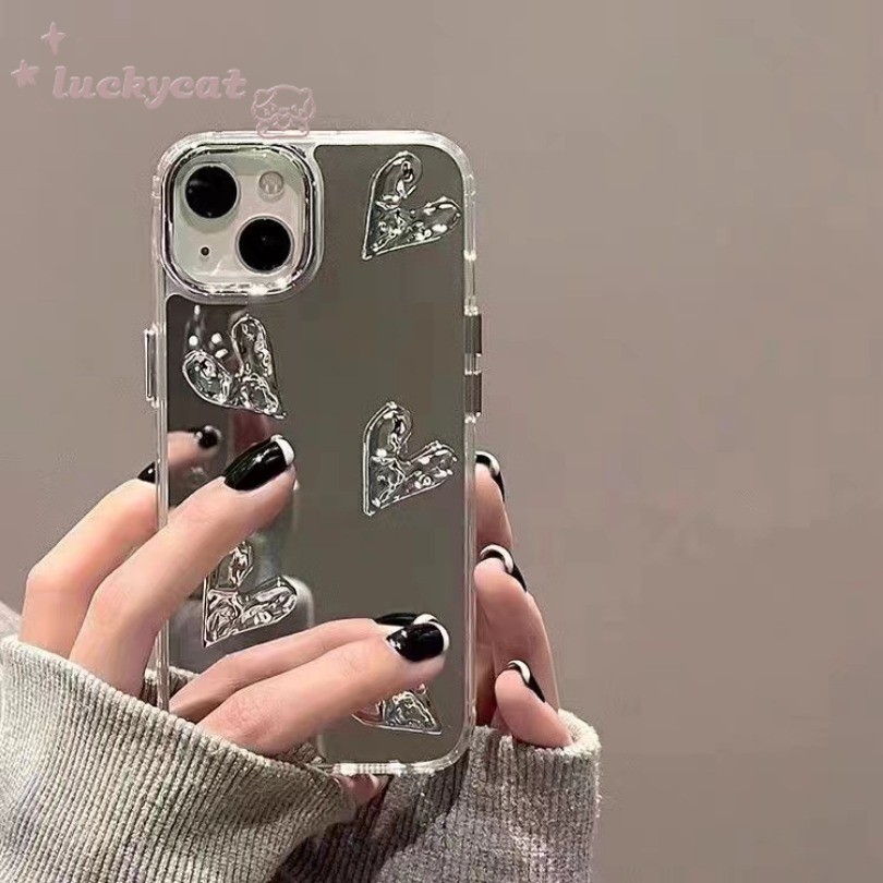 Iphone 15 14 13 12 11 Pro Max X Xr Xs Max 7 8 Plus เคสโทรศัพท์ Ins สดแยก Sliver Love Heart กระจกฝาครอบโทรศัพท์นุ่ม