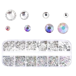 กล่อง 3D แบนกลับเล็บ Rhinestones เล็บอัญมณีแก้ว AB & Clear คริสตัล Rhinestones ชุดเล็บ Charms DIY เครื่องมือ