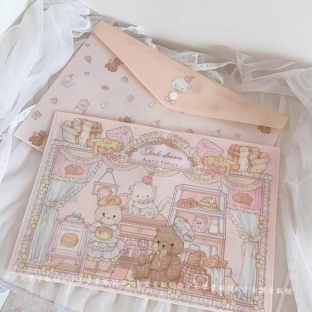 Girl Dream Original Rabbit Bear Baking House Snap Button File Bag Large Capacity PP Storage Folder Contract A4 Student