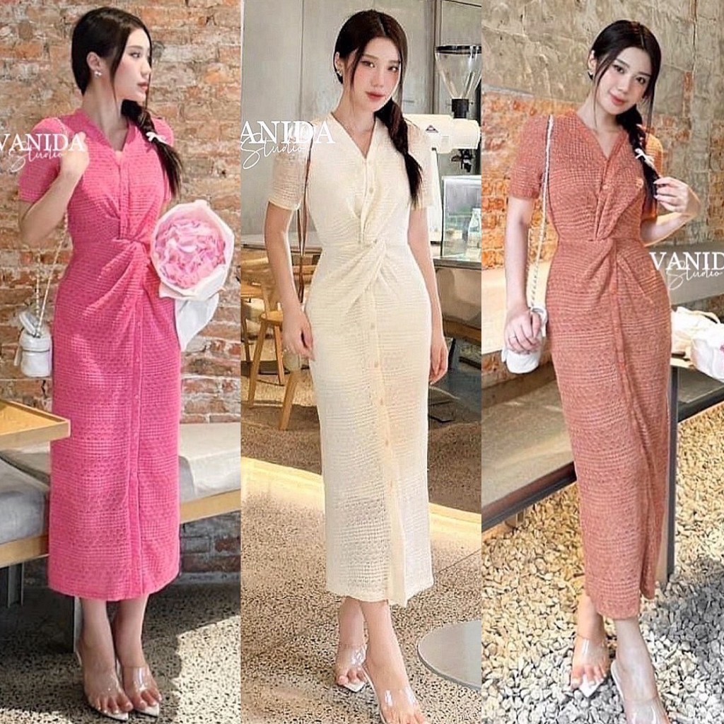 เดรสยาวผ้าทอสวยคอวีป้ายVanida