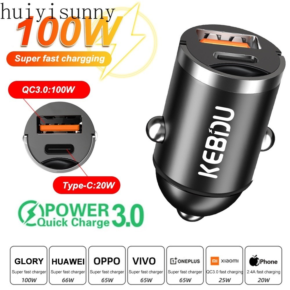 Hys 100W PD Car Charger Type-C Quick Charge QC4.0 QC3.0 Dual USB Charger สําหรับ Iphone Huawei Xiaom