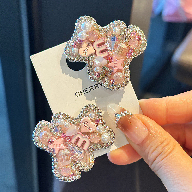 High-end Feeling เพชรสีชมพูหมี Hairpin Rhinestone คลิปด ้ านข ้ างสไตล ์ ใหม ่ Hairpin อุปกรณ ์ เสริมผม Bangs คลิปคลิป