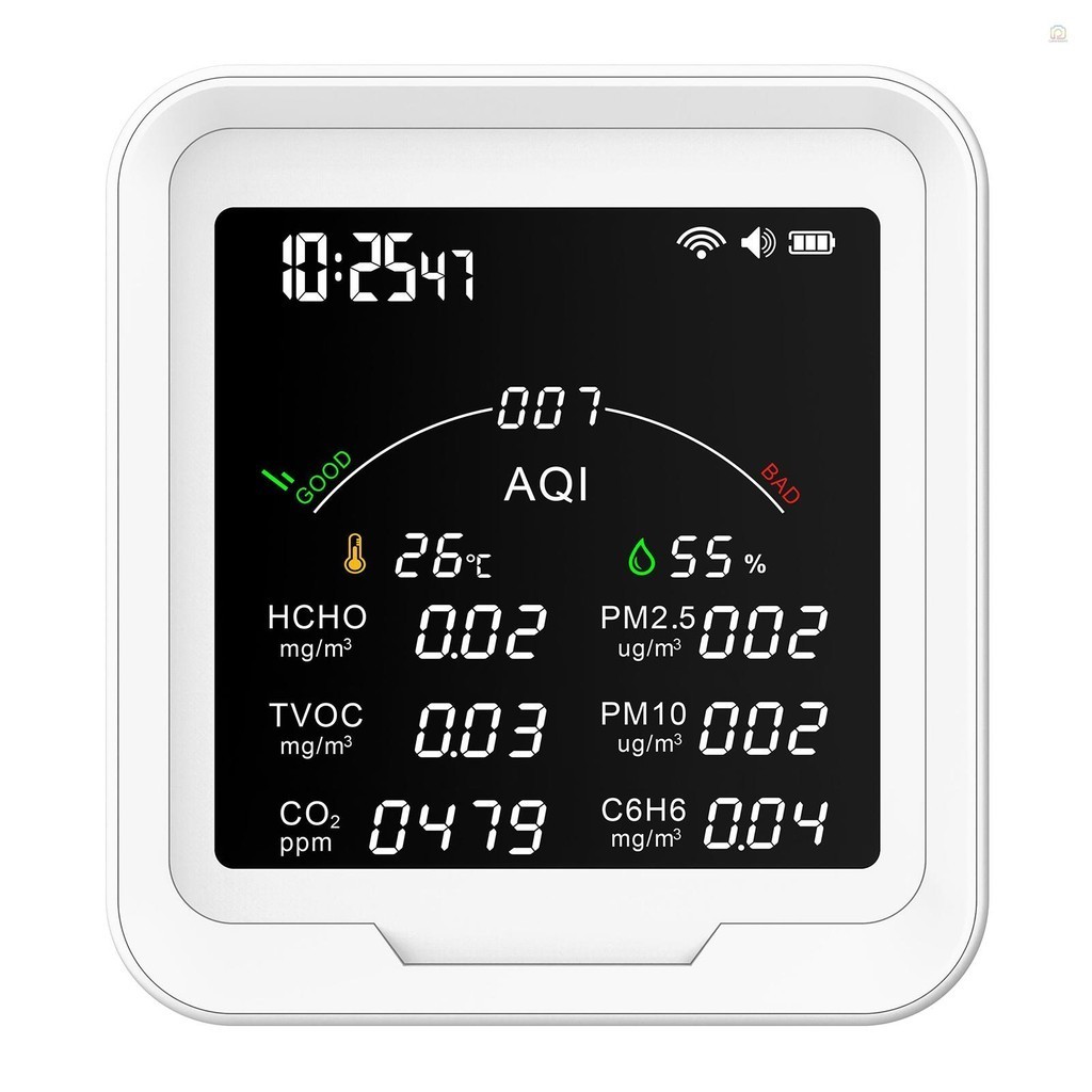 เครื่องวัดคุณภาพอากาศแบบพกพา HCHO/TVOC/CO2/PM2.5/PM10/AQI/C6H6 อุณหภูมิและความชื้นเครื่องทดสอบ 4.8 น