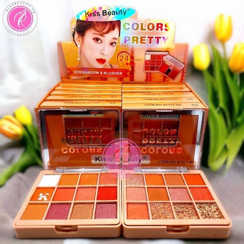 (พร้อมส่งในไทย)87117-03 Kiss Beauty พาเลท 2 ชั้น อายแชโดว์+พร้อมบลัชออน เนื้อแมทกลิตเตอร์ติดทนนานเนื้อละเอียด 12 สี