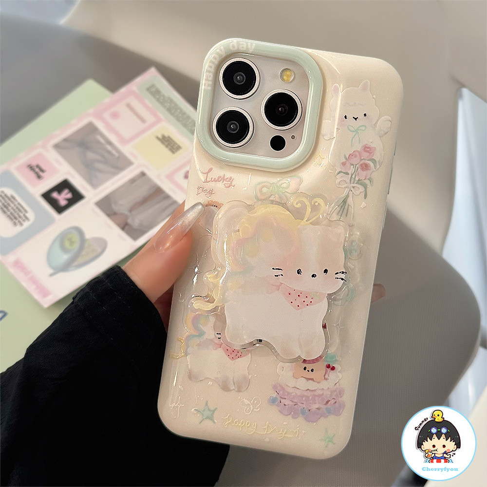 ฤดูร้อนแมวน่ารัก Stand Holder เคสโทรศัพท์สําหรับ IPhone 11 15 14 13 12 Pro Max X XR 8 7 Plus กันกระแทก Soft TPU ฝาหลัง