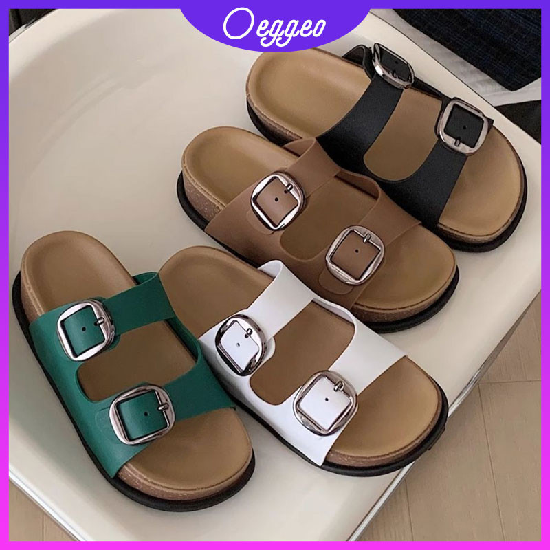 รองเท้าสตรี oeggeo shop รองเท้าแตะ Boken รองเท้าแตะแบนสบาย ๆ ฤดูร้อนหนาแต่เพียงผู้เดียวคู่ผูกรองเท้า