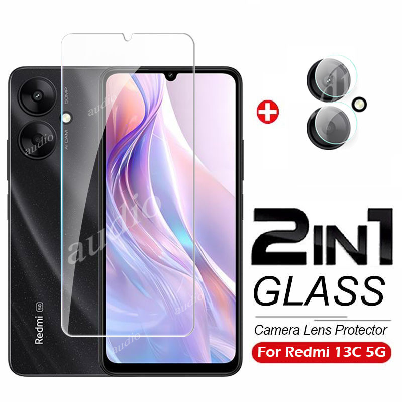 2in1 กระจกนิรภัยแบบเต็มหน้าจอป้องกันฟิล์มพร้อมกล้องเลนส์สําหรับRedmi 13c 5G 2024 ป้องกันหน้าจอฟิล์มส