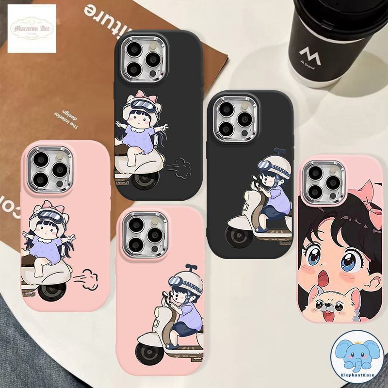 คู่รักการ์ตูนจักรยานไฟฟ้าตลกเด็กชายแมวแมวหรูหราเคสเลนส์โลหะ iPhone 7Plus 11 13 12 XR 14 15 Pro Max 7 8 Plus SE X XS Max