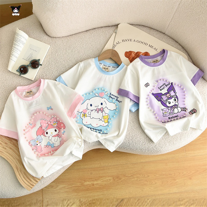 SANRIO สาวเสื้อยืดหวานฤดูร้อนอุตสาหกรรมหนักมุกน่ารักการ์ตูน ซานริโอ พิมพ์ผ้าฝ้ายนุ่มท็อปส์เสื้อผ้าเด็ก