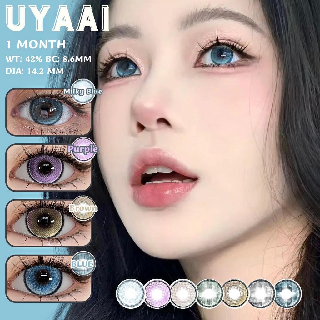 UYAAI 1คู่ สีคอนแทคเลนส์ สีเทาสีม่วงสีน้ำตาลสีเขียวสีฟ้า BOSTON CONTACT 14.2มม. BLUE COLOR CONTACT LENS 42%