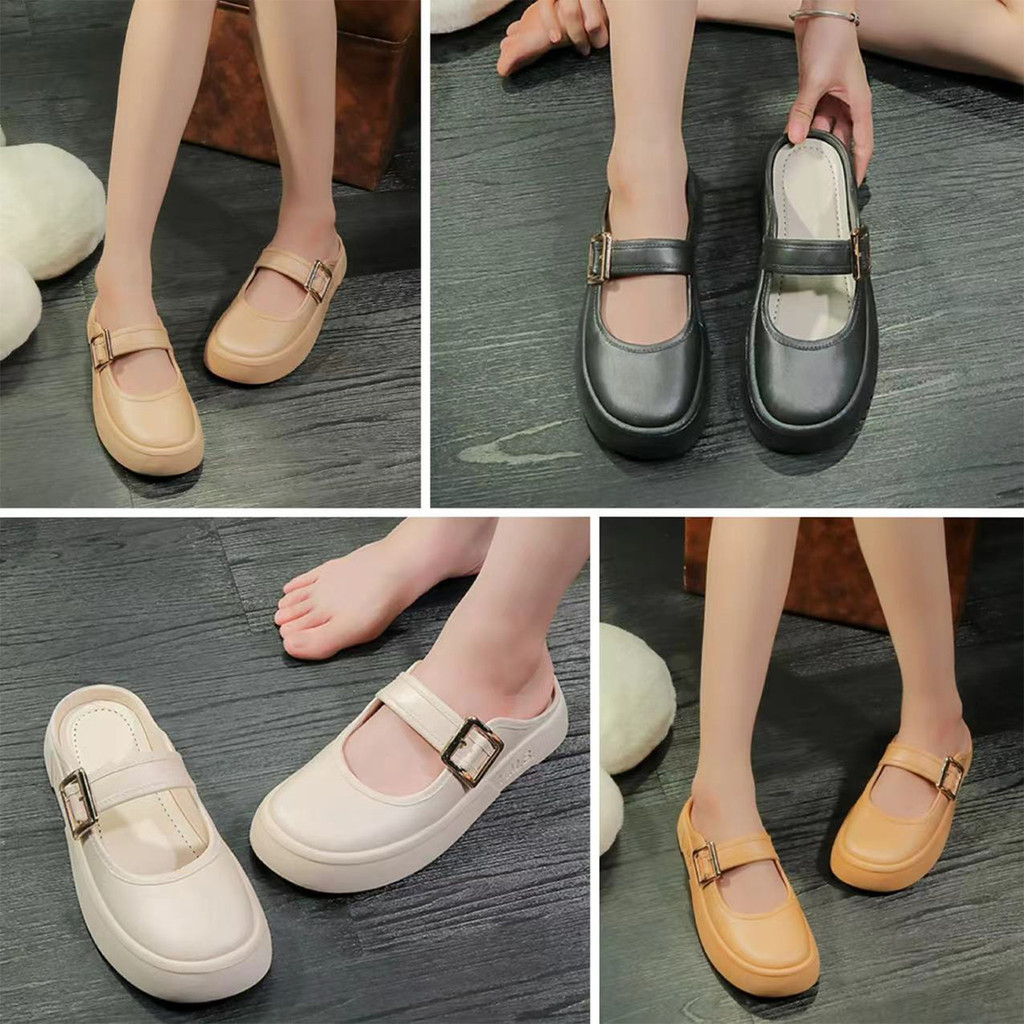 รองเท้าแตะหัวมน ดีเทลน่ารัก สีเรียบๆ พร้อมส่ง