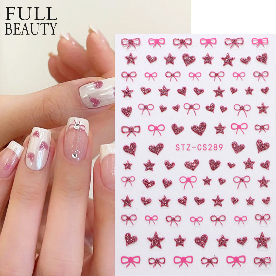 สติ๊กเกอร์ติดเล็บ Pink Diamond Fine กระพริบ Love Stars French Bow Nails Decals