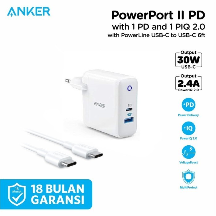 Anker Charger 30W 18W PowerPort II Dual Port USB Type A & C PD - A22321