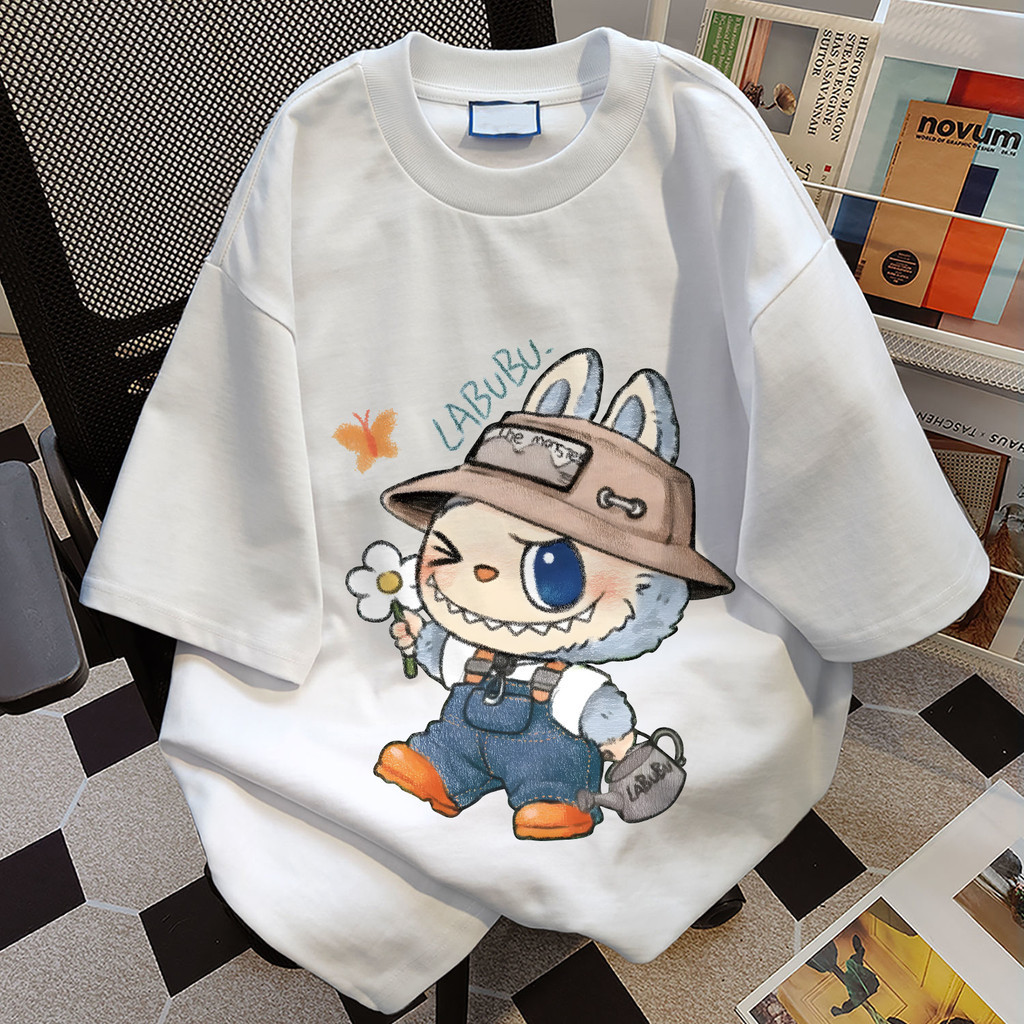 TIHIK เสื้อยืดลายการ์ตูนน่ารัก oversize ผ้าฝ้าย100 พิมพ์ลายLabubu *COD/24ชั่วโมงส่ง
