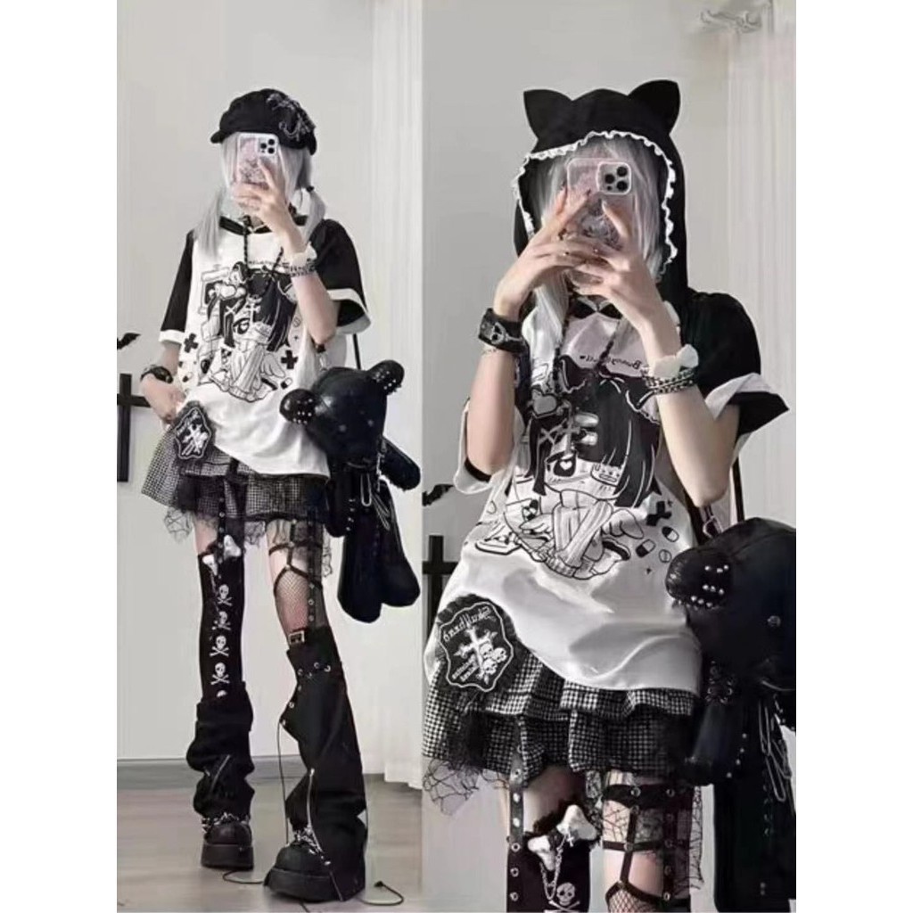 X-สีส้มสไตล์ญี่ปุ่นเย็บสีคมชัดแขนสั้นด้านบนหูแมวเสื้อยืดหลวม 2024 ฤดูร้อนสไตล์ใหม่เสื้อผ้าผู้หญิงลําลอง