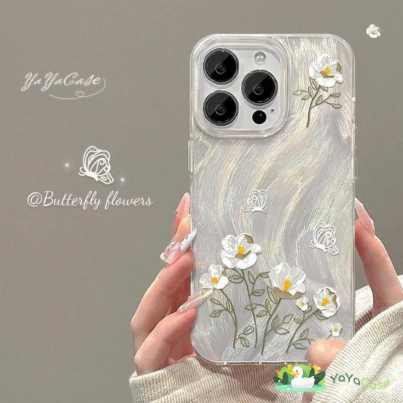 🦢สำหรับ iPhone11 13 CASE For เคสไอโฟน15 14 12 Pro Max X XR XS MAX 7 8 14 15 Plus White Flower ขั้นสูงโฮโลแกรม3D เงิน เคส