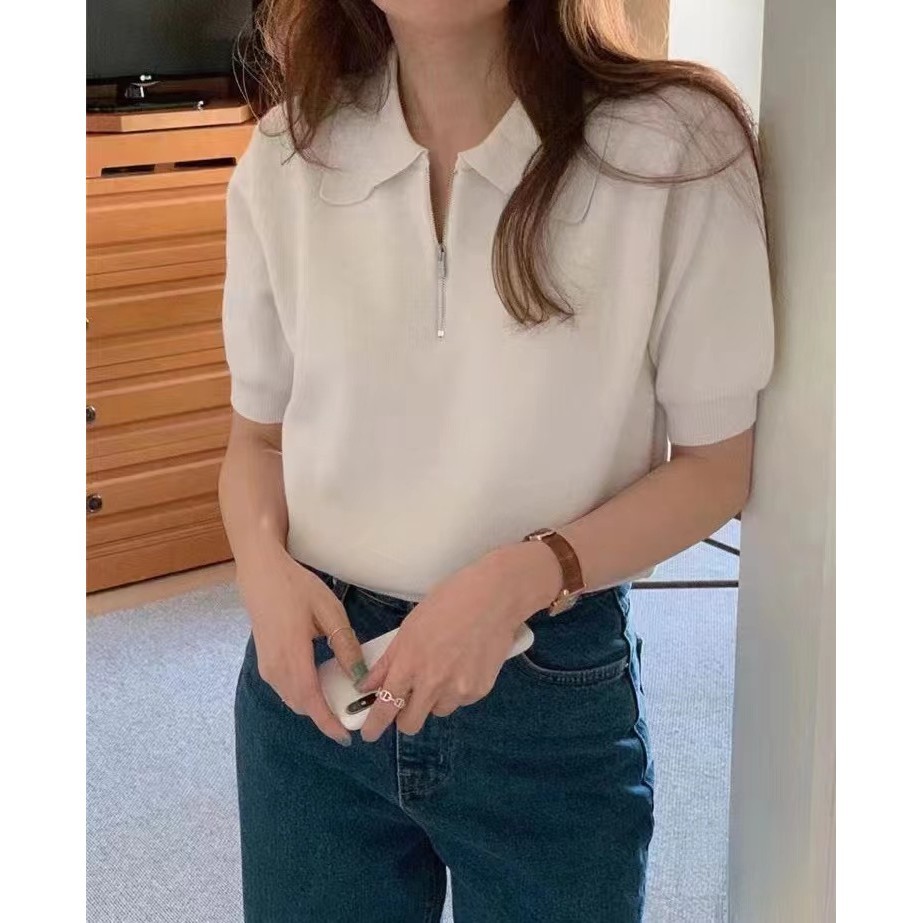 เสื้อสเวตเตอร์ถักคอโปโลมีซิปแบบบางแมทช์ง่ายสไตล์เกาหลีแบบใหม่เสื้อแขนสั้นเสื้อสตรีจี้กวนถักม้า uxmj