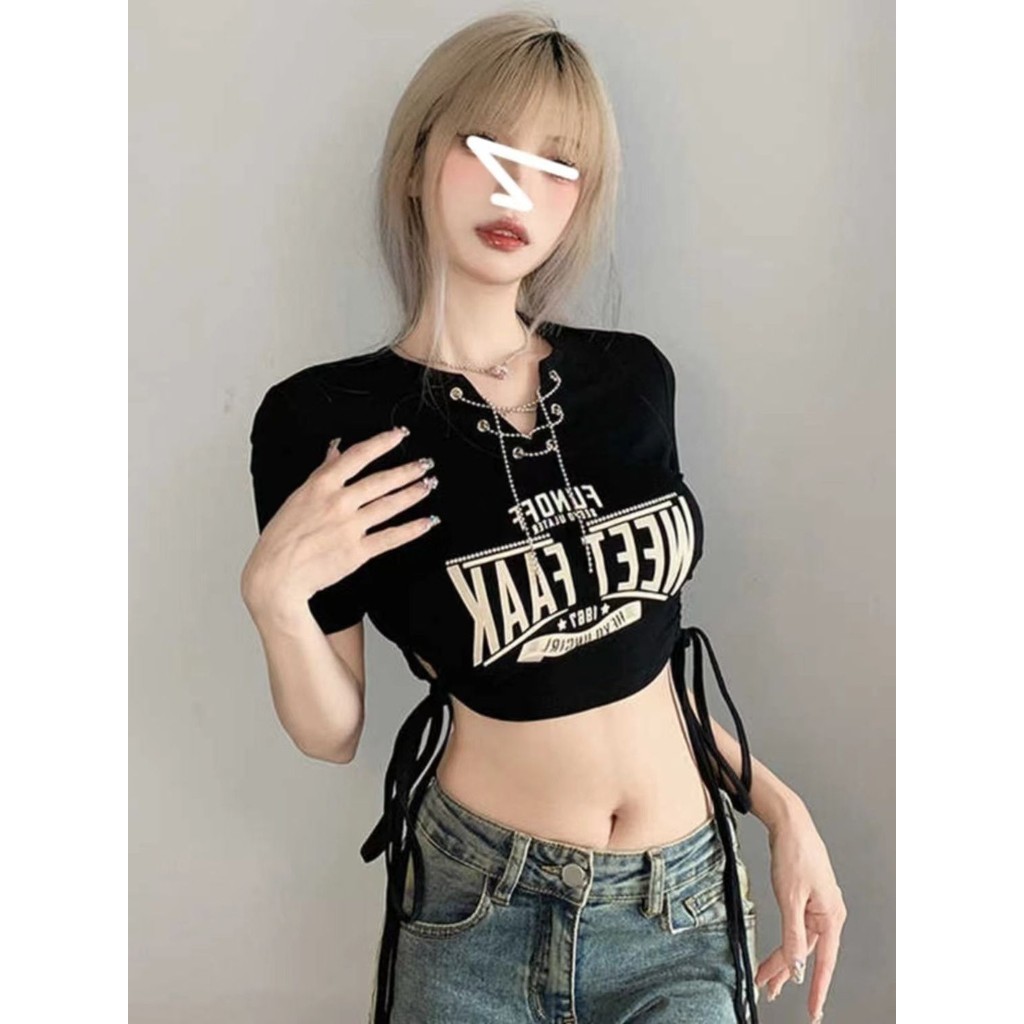 Hiphop Croptop สําหรับผู้หญิง Crop เซ็กซี่ Crop Top สําหรับผู้หญิงเต้นรําสีดํา Crop Top เสื้อคอวีเกาหลีอินเทรนด์ Tops สําหรับผู้หญิง - รูปที่ 2