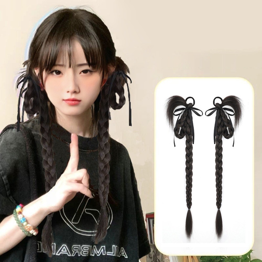 Y2k ริบบิ ้ นโบว ์ ไก ่ ขนหางม ้ าวิกผมผู ้ หญิงจําลอง Twists Braided Drop หูหางม ้ า