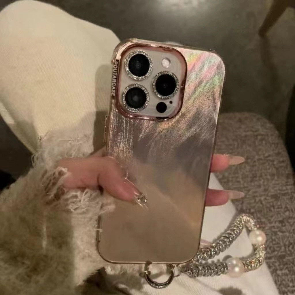หรูหราเลเซอร์ขนนกสีชมพูกับสร้อยข้อมือเคสโทรศัพท์สําหรับ ไอโฟน 15 14 13 12 11 มือโปร สูงสุด 15 บวกปลอกกล้องเลนส์ป้องกันรวมทุกอย่างกันกระแทกฝาหลัง ไอโฟน